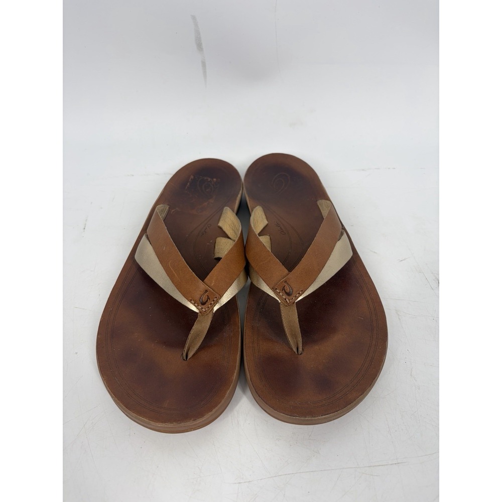 OluKai Kaekae Brown Leather Thong Slide In Sandals Womens Size 10 - Picture 2 of 10
